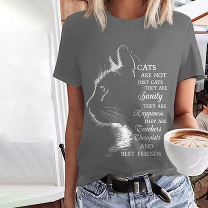 Cat Print Round Neck Short Sleeve Casual T-Shirt elevenforest