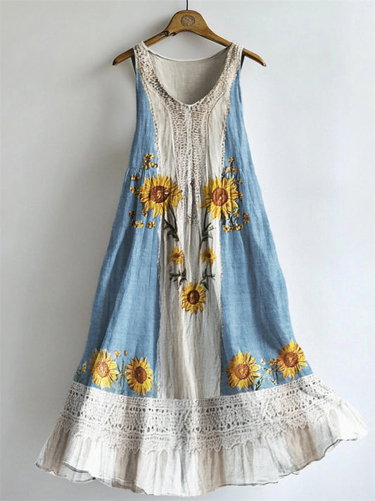 Boho Sunflowers Embroidered Lace Patchwork Flowy Linen Dress artswardrobe