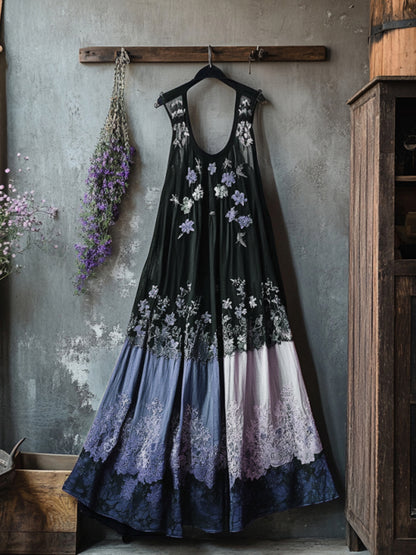 Boho Floral Embroidered Pattern Lace Patchwork Contrast Color Art Linen Dress artswardrobe
