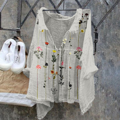Comstylish Floral Pattern Ladies Casual Floral Print Cotton Linen  Shirt