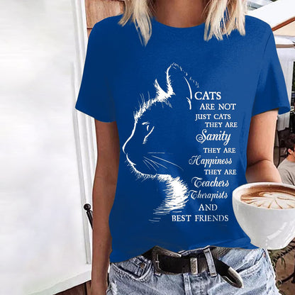 Cat Print Round Neck Short Sleeve Casual T-Shirt elevenforest