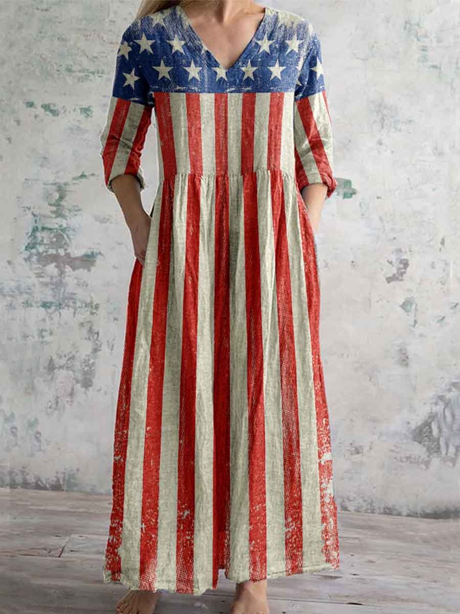 Women's Independence Day Flag Pattern V-Neck Cotton Dress with Pockets