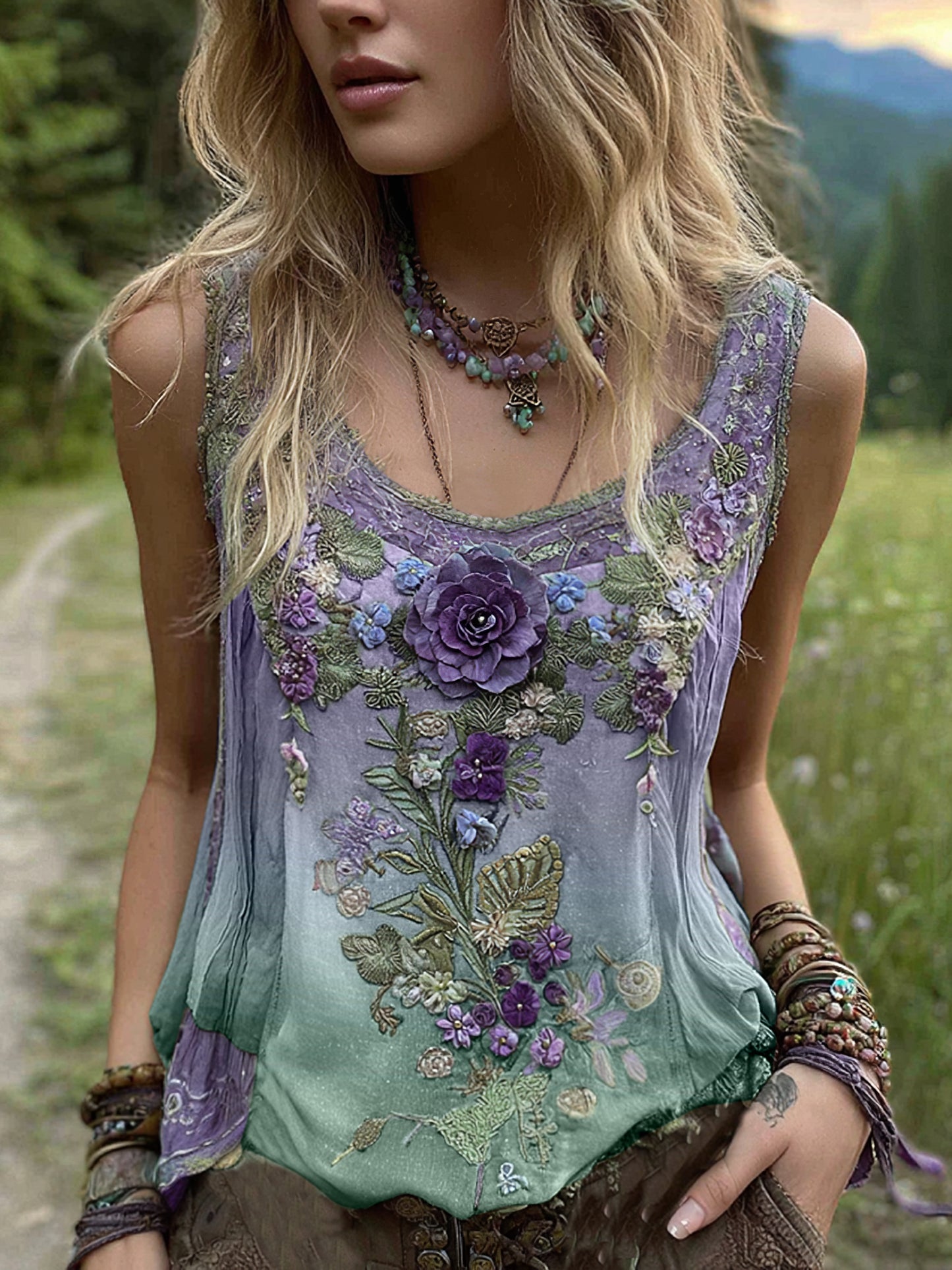 Vintage Classy Gradient Purple Lavender And Floral Embroidered Pattern Linen Tank Top artswardrobe