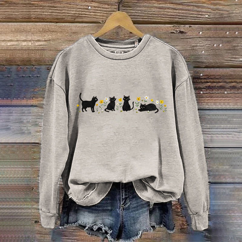 Women's Cute Floral Black Cat Embroidered Sweatshirt elevenforest