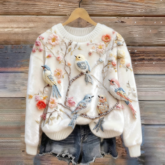 Cute Birds & Flowers Art Round Neck Plush Sweatshirt