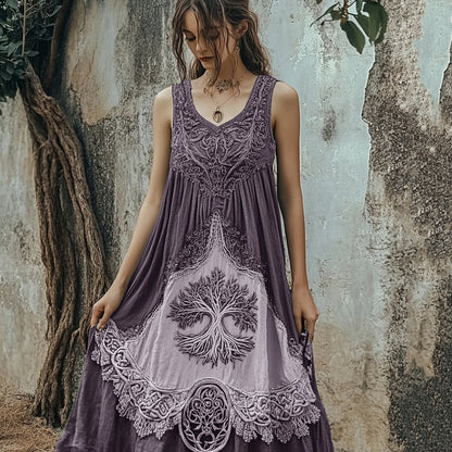 Vintage Tribal Viking Tree Of Life Celtic Knot Linen Blend Tank Midi Dress artswardrobe