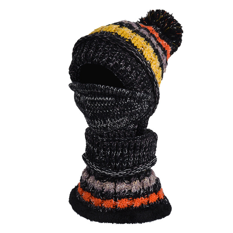 Three-Piece Fleece And Color-Block Knitted Hat, Scarf And Mask elevenforest