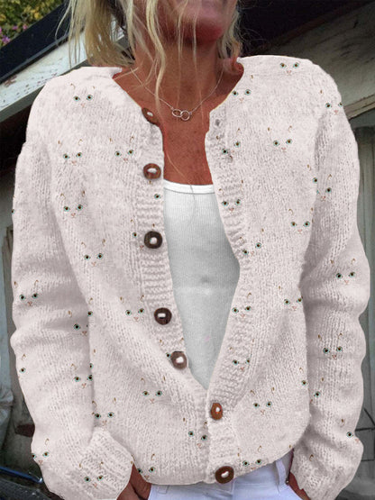 Comstylish Cute Cat Face Pattern Cozy Knit Cardigan