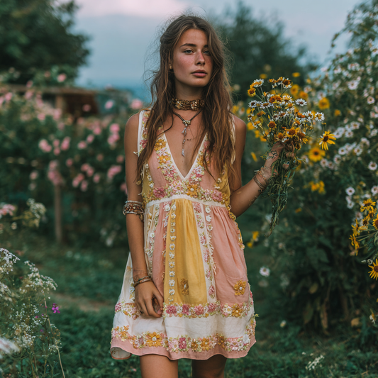Women's Vintage Floral Color Block Sleeveless Dress artswardrobe