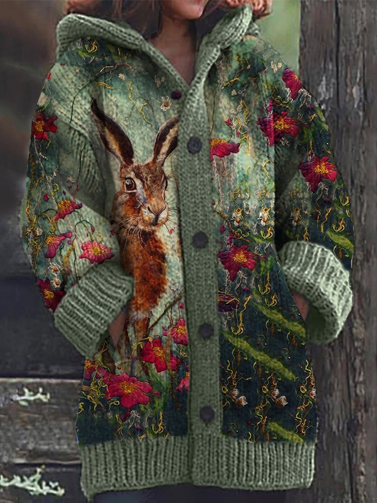 Forest Bunny Floral Felt Art Cozy Hooded Cardigan artswardrobe