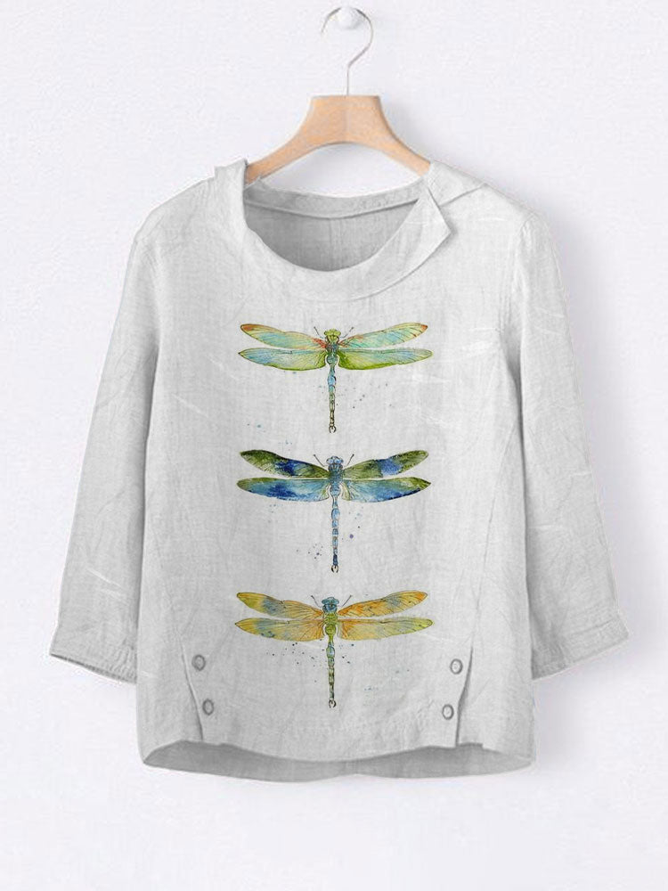Women's Casual Watercolor Dragonfly Tree Cotton Blend Print T-shirt