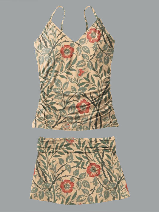 V-Neck Vintage Floral Art Print Suspender Skirt Tankini Pantskirt Set Swimsuit