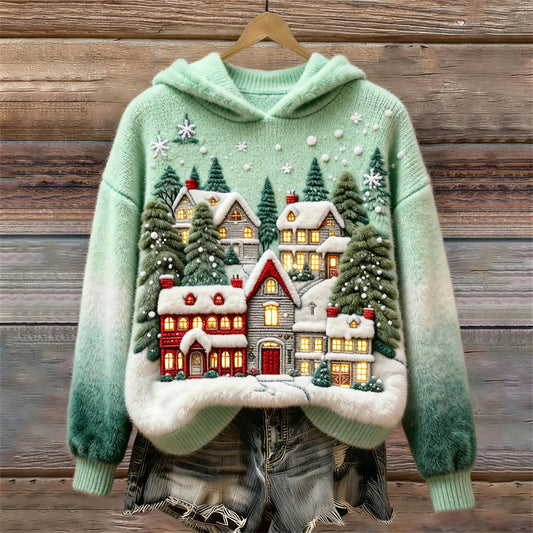 Christmas Houses Art Women's Cozy Plush Hooded Sweater