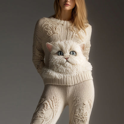 Cute Fuzzy Cat Face Embroidered Cozy Knit Sweater elevenforest