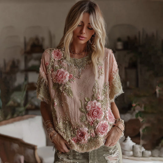 Women's Vintage Floral Art Linen Crew Neck Comfy T-shirt artswardrobe