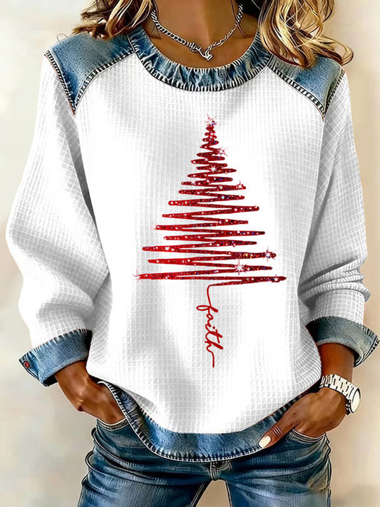 Comstylish Women's Christmas Waffle Crew Neck Casual Sweatshirt