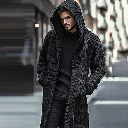 Men'S Knitted Hooded Long Sweater Cardigan artswardrobe