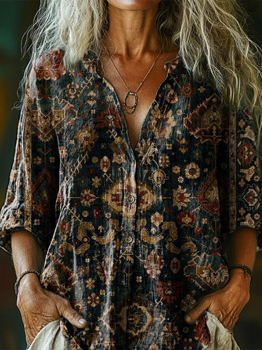Women's Ethnic Totem Art Print Casual Cotton and Linen Shirt