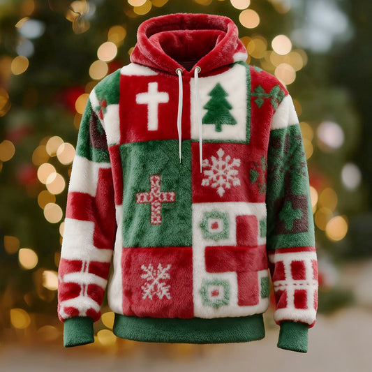 Comstylish Christmas Tree Snowflake And Cross Pattern Men's Flannel Color-blocked Hoodie