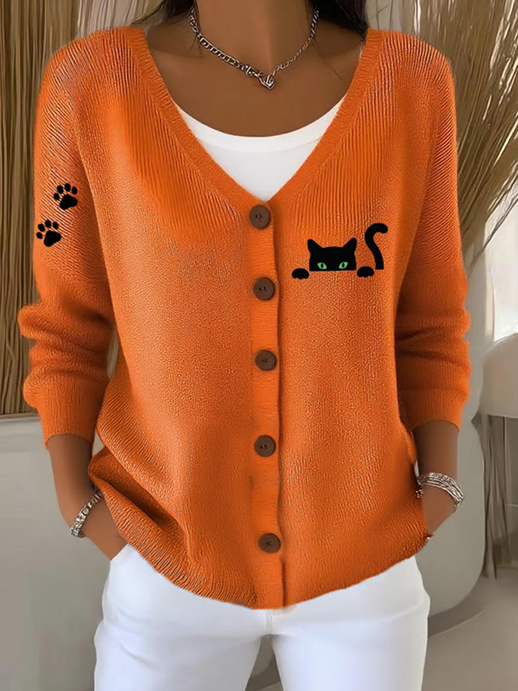 Women's Cute Cat Print Casual Knitted Cardigan artswardrobe