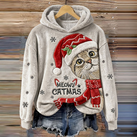 Women's Catmas Embroidery Art Comfort Flannel Hoodie