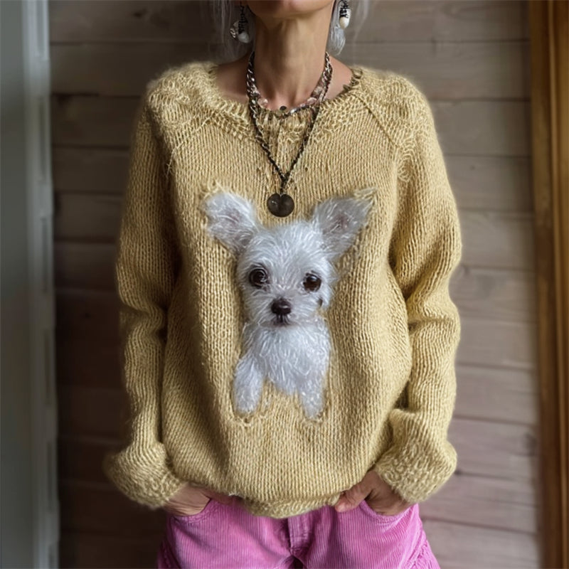 Vintage Fuzzy White Chihuahua Dog Cozy Knit Sweater elevenforest