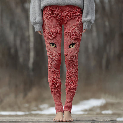 Vintage Cute Cat Face With Roses Art Embroidered Cozy Knit Leggings elevenforest