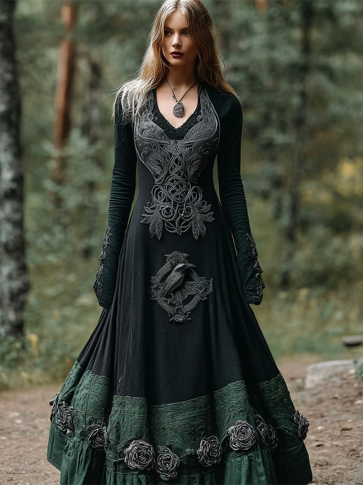 Comstylish Halloween Crow & Rose Art Women's V-neck Long-sleeve Maxi Dress