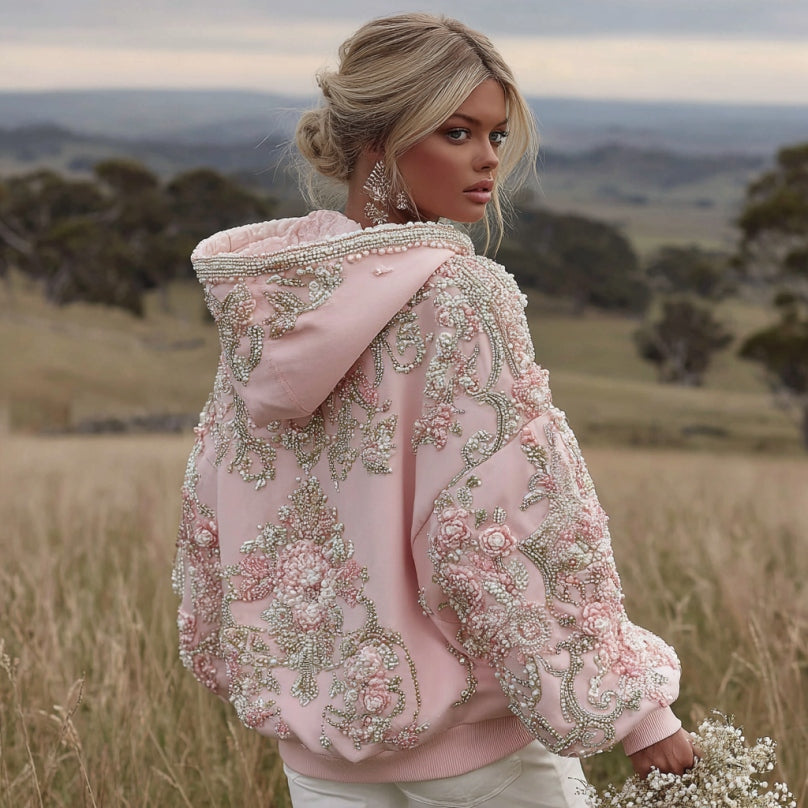Comstylish Women's Pink Flower Embroidery Art Long Sleeve Hoodie