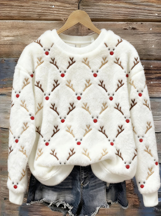 Christmas Reindeer Faces Embroidered Cozy Plush Sweatshirt