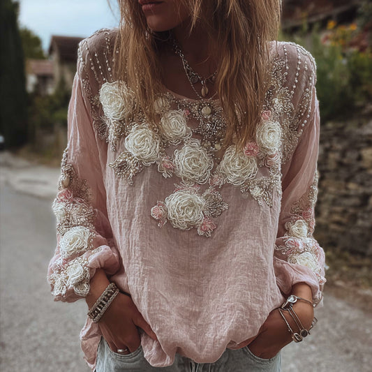 Comstylish Women's Three-dimensional Flower Romantic Pink Vintage Casual Long-sleeved Top