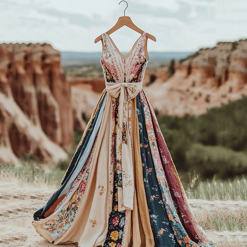 Women's Vintage Floral Patchwork Art Linen Tank Midi Dress artswardrobe