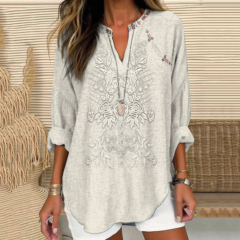 Comstylish Vintage Embroidered Floral V-neck Linen Blend Blouse