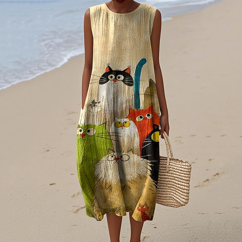 Women's Vintage Colorful Cat Art Print Sleeveless Dress artswardrobe