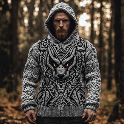 Men's Viking Wolf Celtic Cozy Chunky Hooded Sweater elevenforest