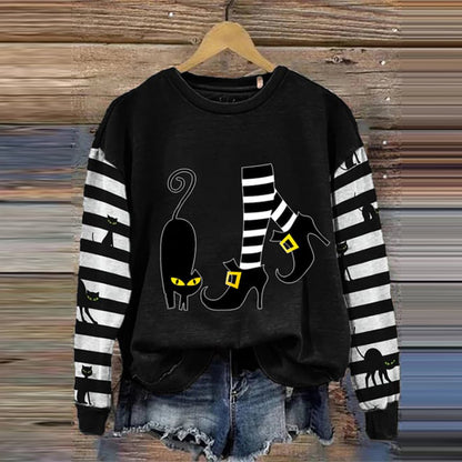 Comstylish Women's Witch And Cat Print Crew Neck Sweatshirt