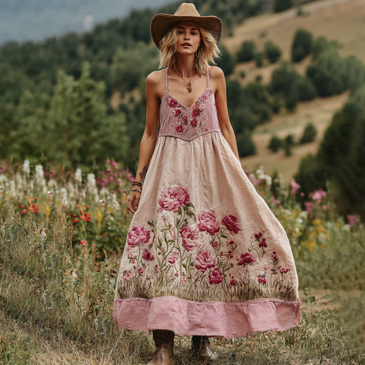 Love & Health Collection Retro Western Women Style Vintage Pink Striped And Floral Patchwork Art Linen Suspender Dress artswardrobe
