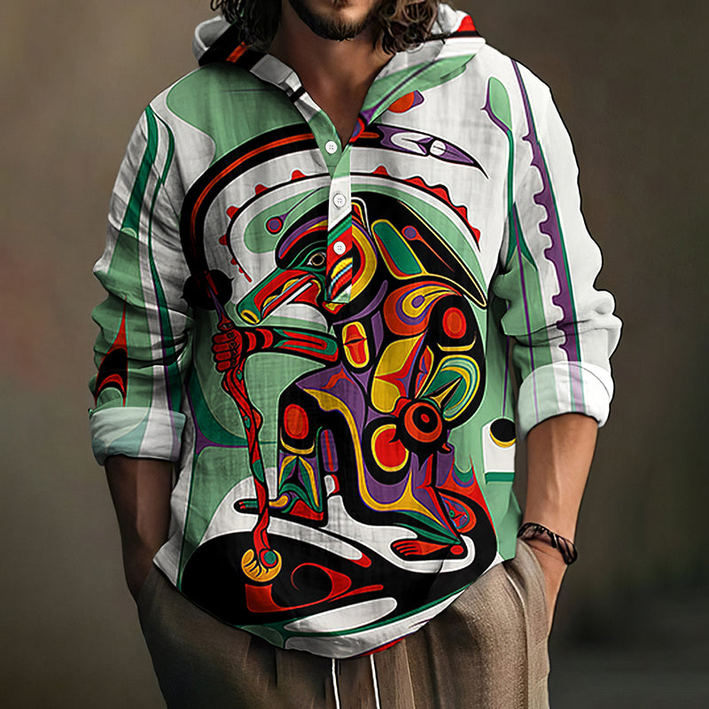 Men's Canadian Aboriginal Art Print Linen Blend Hooded Shirt elevenforest