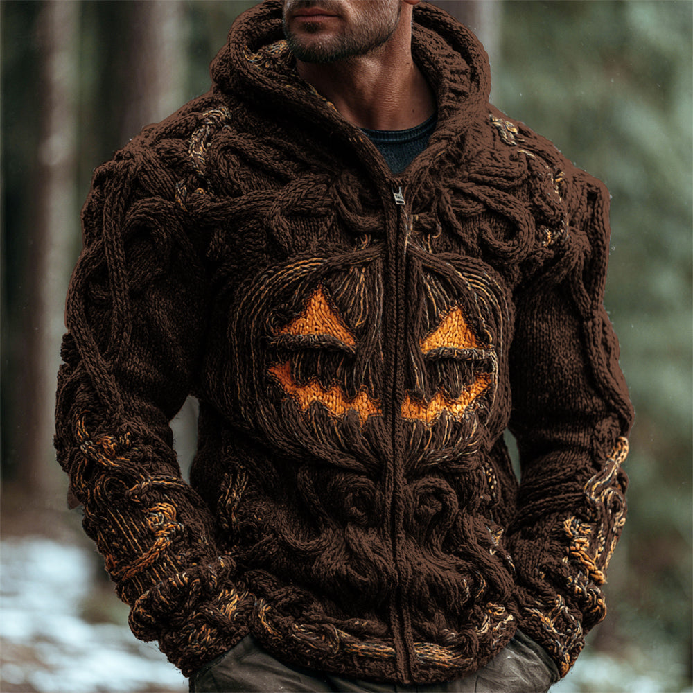 Halloween Pumpkin Emoji Men's Chunky Knit Full Zip Hooded Sweater artswardrobe