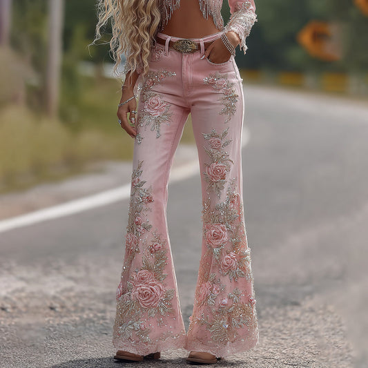 Women's Vintage Rose Floral Embroidery Art Loose Jeans artswardrobe
