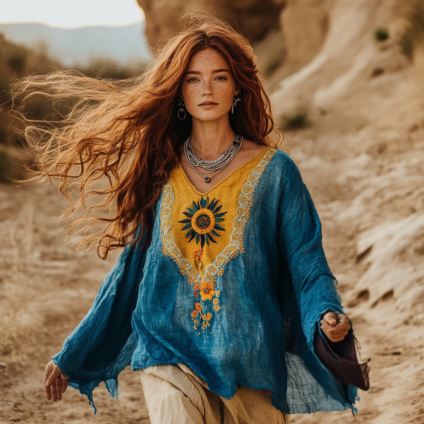Boho Sunflower Embroidery Print Cotton And Linen Blend Loose Blouse artswardrobe