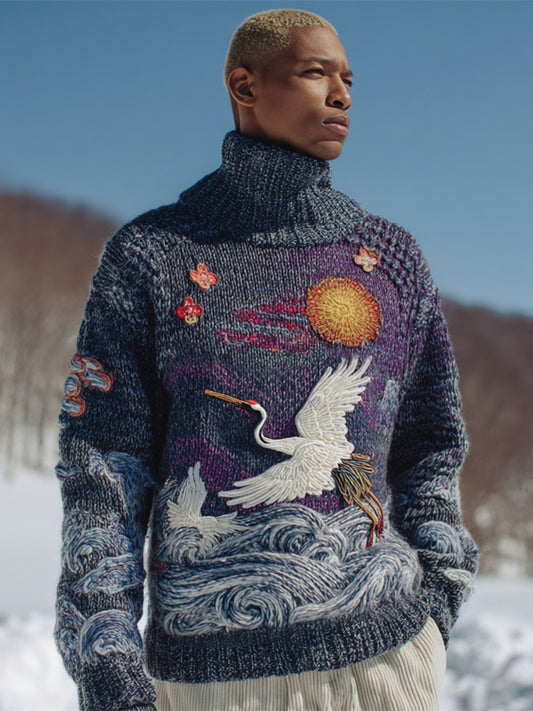 Japanese Crane & Ocean Wave Men's Knit Turtleneck Sweater artswardrobe