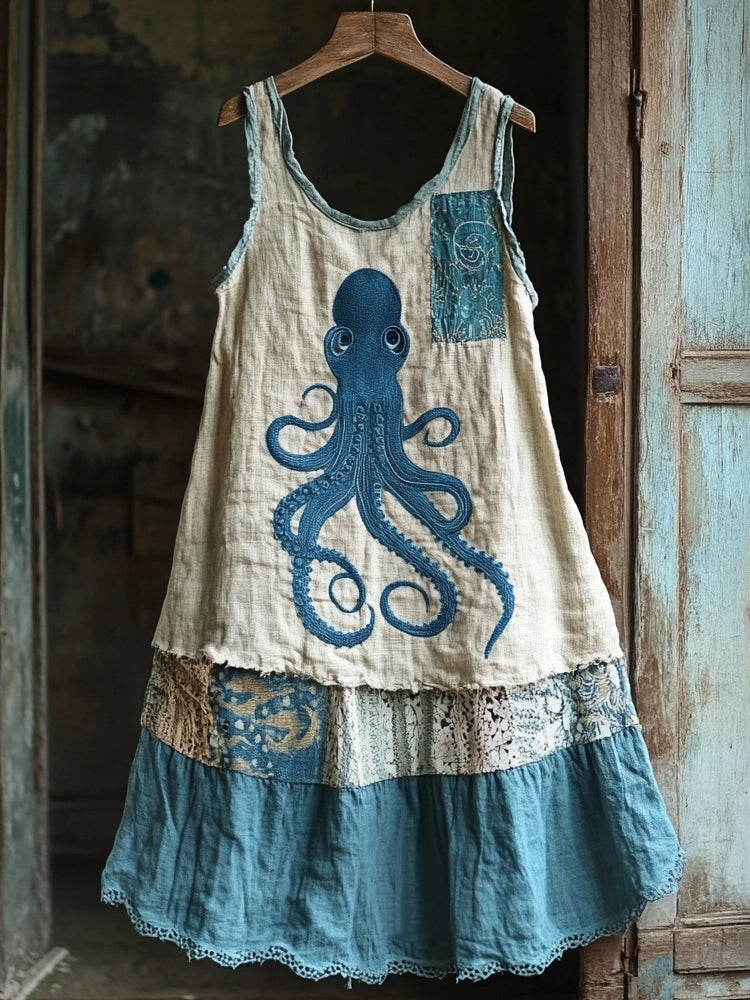Comstylish Octopus Embroidered Patchwork Art Linen Blend Dress