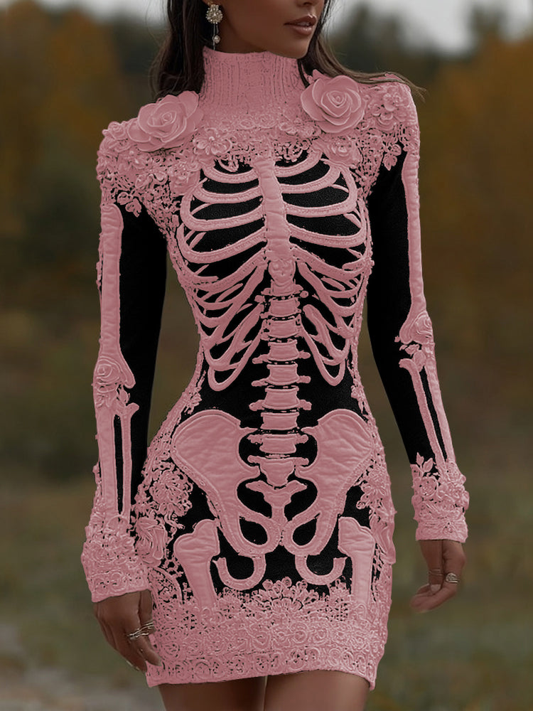 Comstylish Comstylish Women's Halloween Skeleton Bones With Rose Art Cozy Knit Turtleneck Mini Sweater Dress