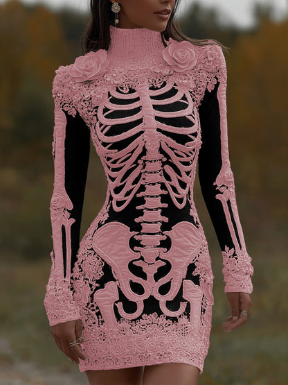 Comstylish Comstylish Women's Halloween Skeleton Bones With Rose Art Cozy Knit Turtleneck Mini Sweater Dress