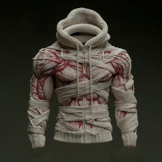 Men's Vintage Halloween Bandage Art Cozy Casual Zipper Up Hooded Sweater artswardrobe