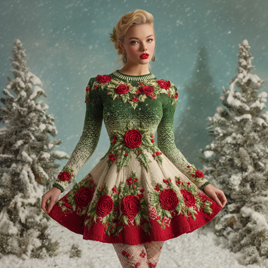 Comstylish Women's Vintage Christmas Holly Leaves And Rose Gradient Knitted Midi Dress