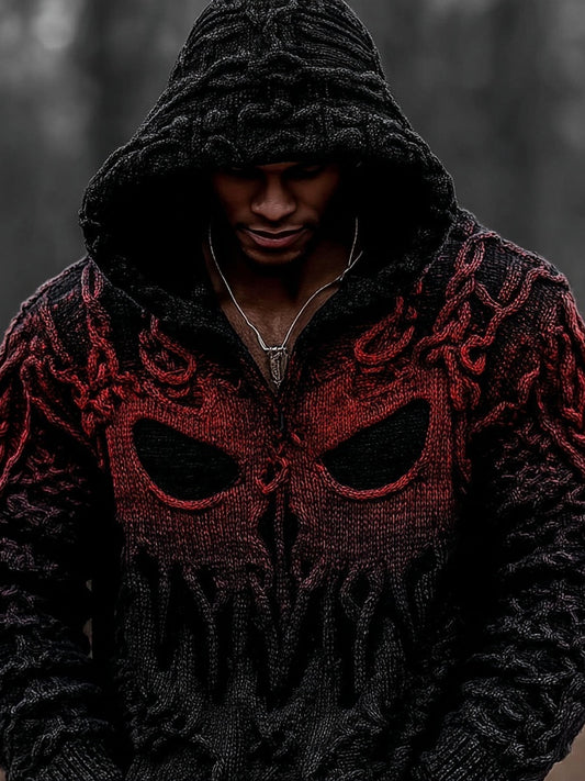 Men's Vintage Spooky Face Gradient Chunky Hooded Sweater artswardrobe