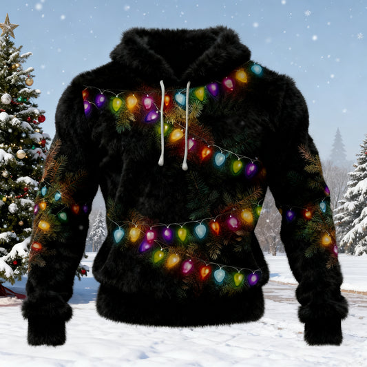 Comstylish Men's Christmas Lights Plush Warm Hoodie