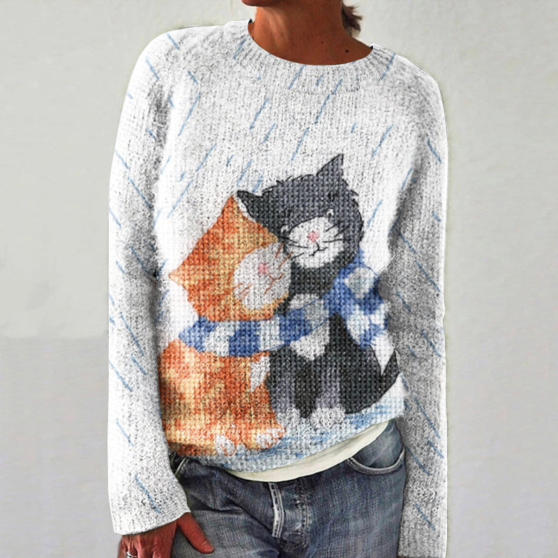 Vintage Iceland Hug Cat Knitted Jacquard Women's Sweater elevenforest